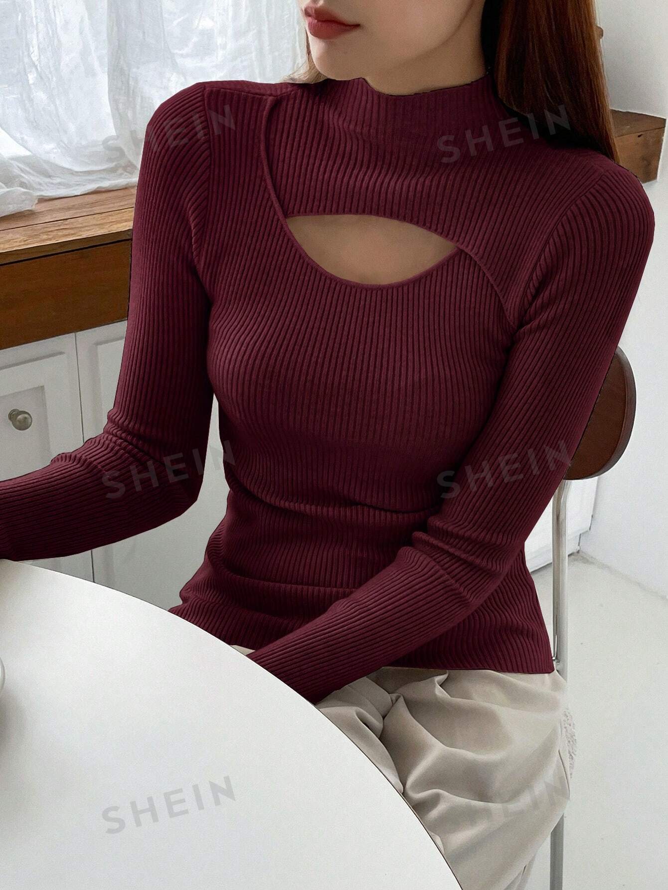 DAZY Solid Color Hollow Out Half Turtle Neck Sweater - Image 11