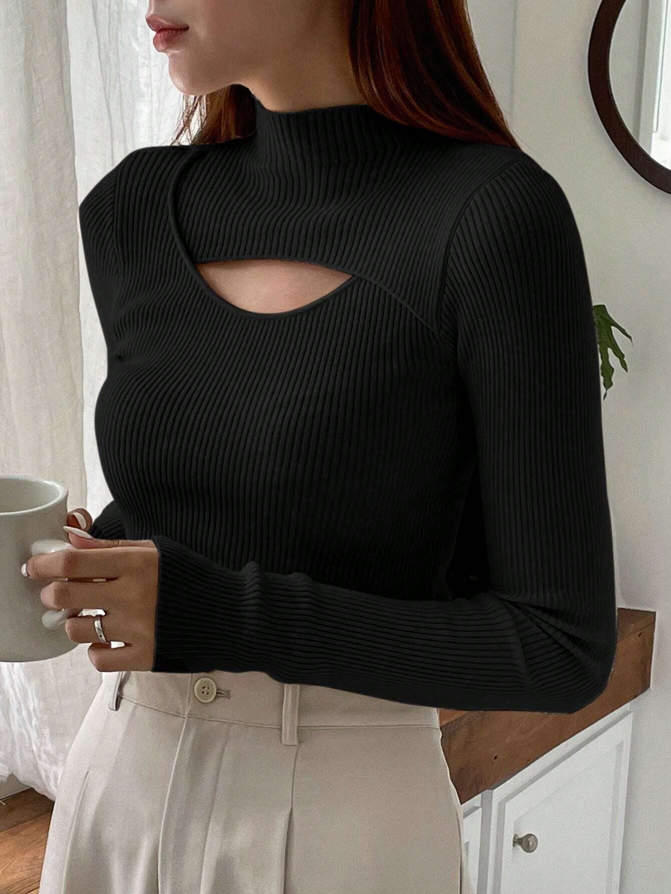 DAZY Solid Color Hollow Out Half Turtle Neck Sweater - Image 14