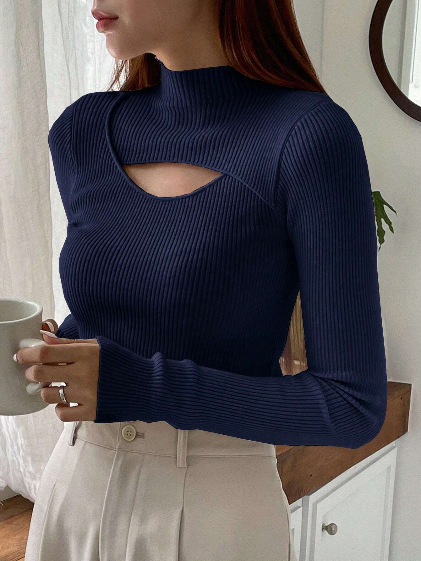 DAZY Solid Color Hollow Out Half Turtle Neck Sweater - Image 16