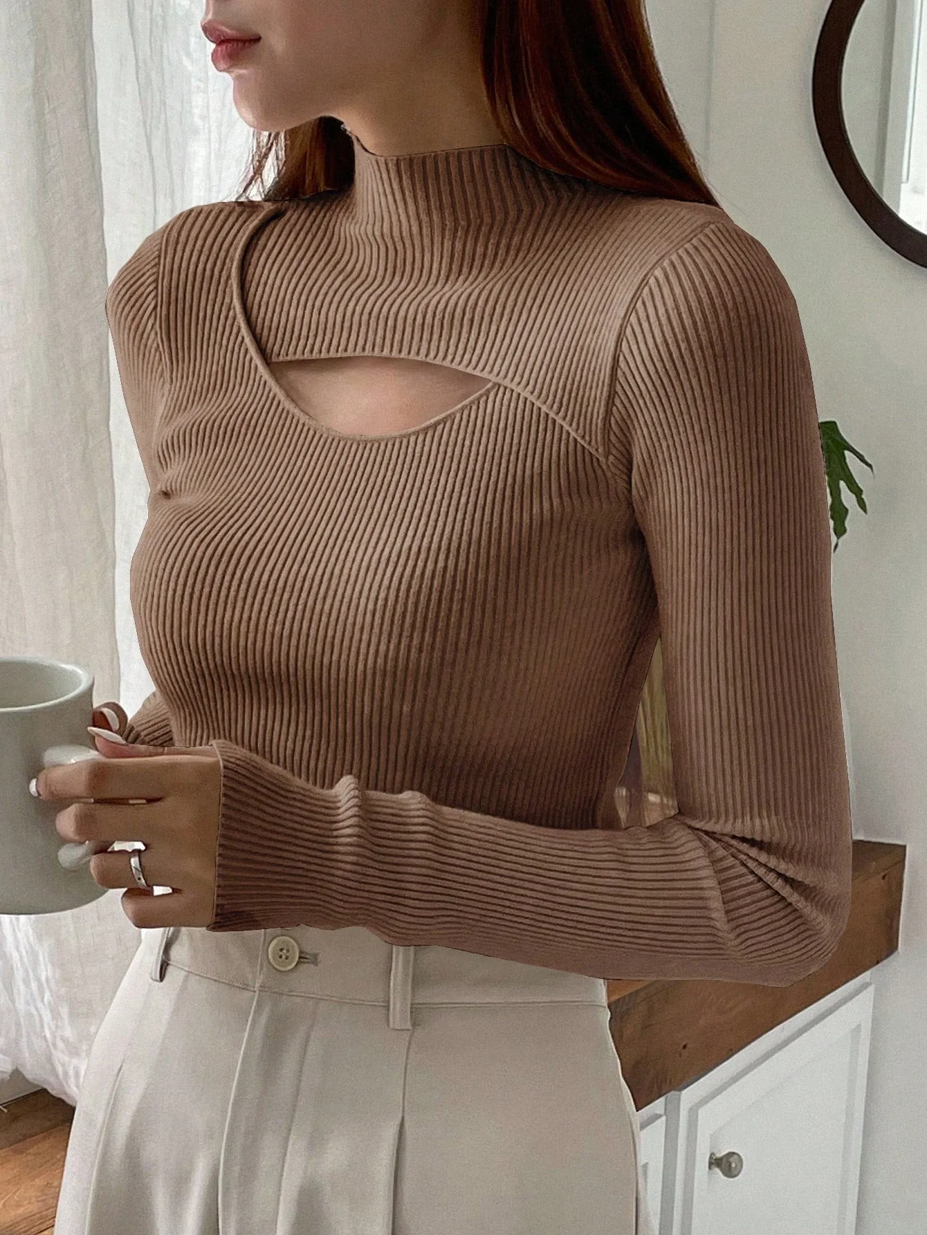 DAZY Solid Color Hollow Out Half Turtle Neck Sweater - Image 3