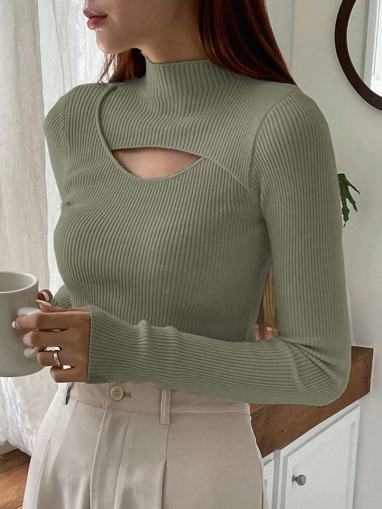DAZY Solid Color Hollow Out Half Turtle Neck Sweater - Image 5