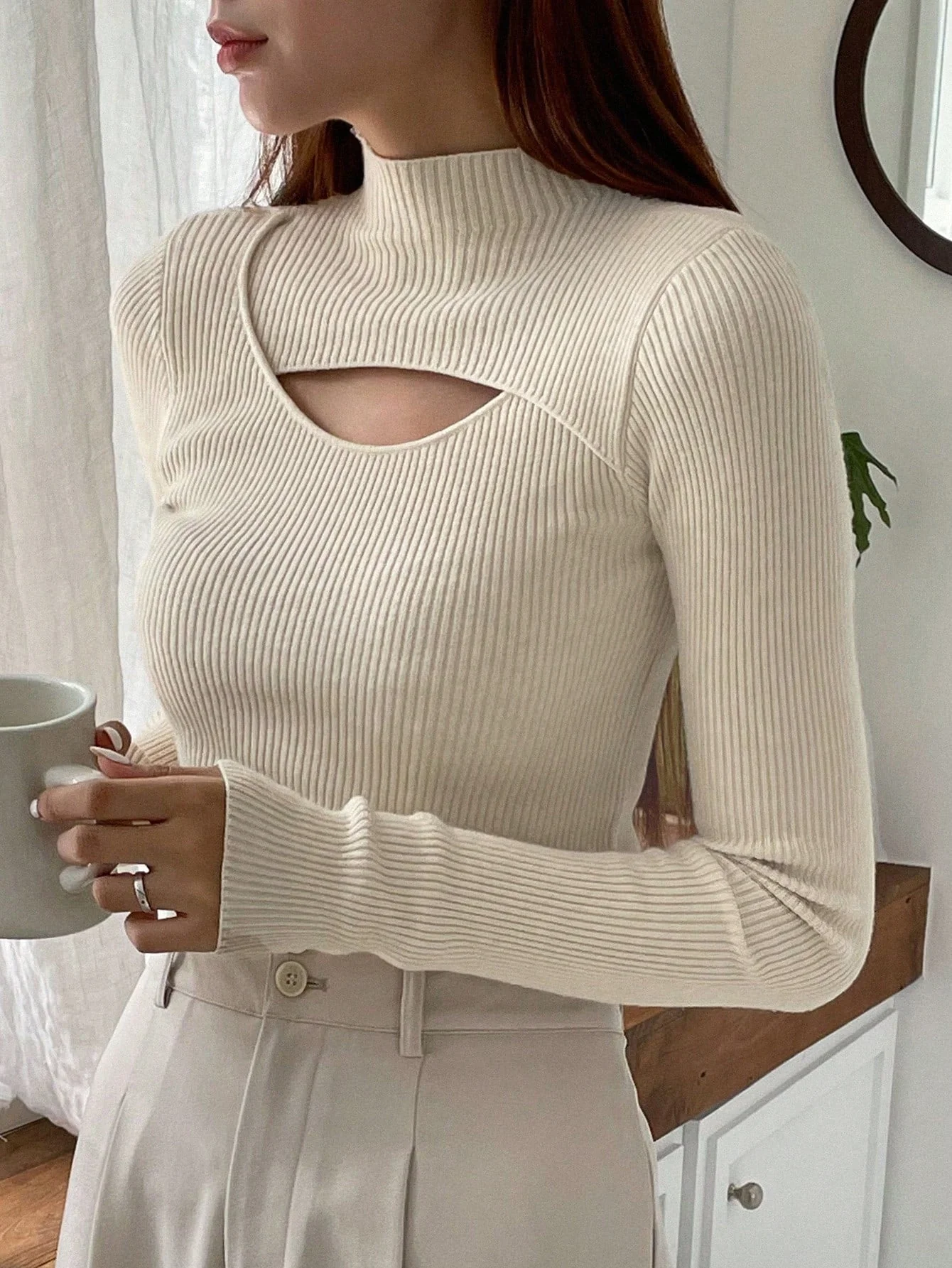 DAZY Solid Color Hollow Out Half Turtle Neck Sweater - Image 6
