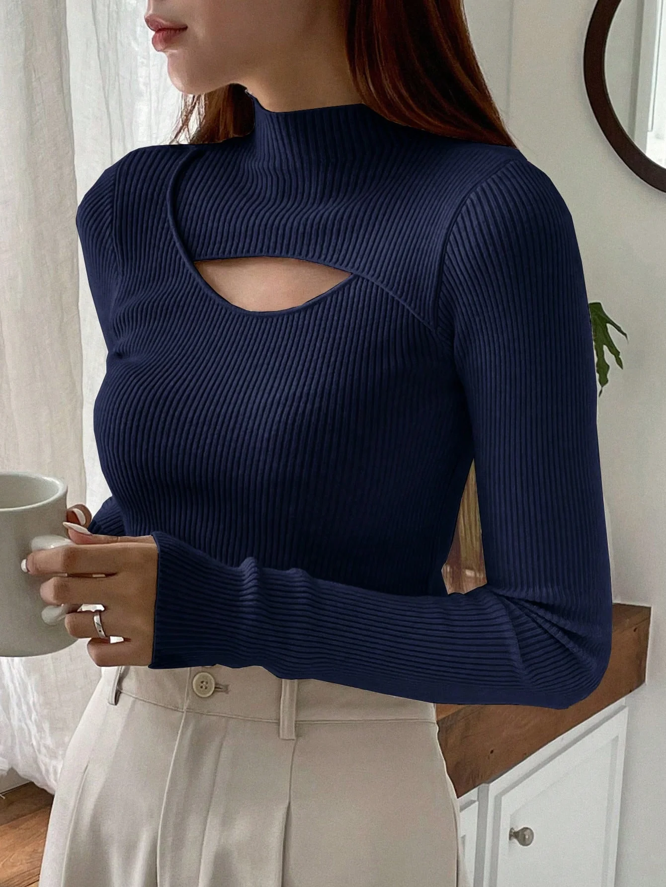 DAZY Solid Color Hollow Out Half Turtle Neck Sweater FD - Image 4