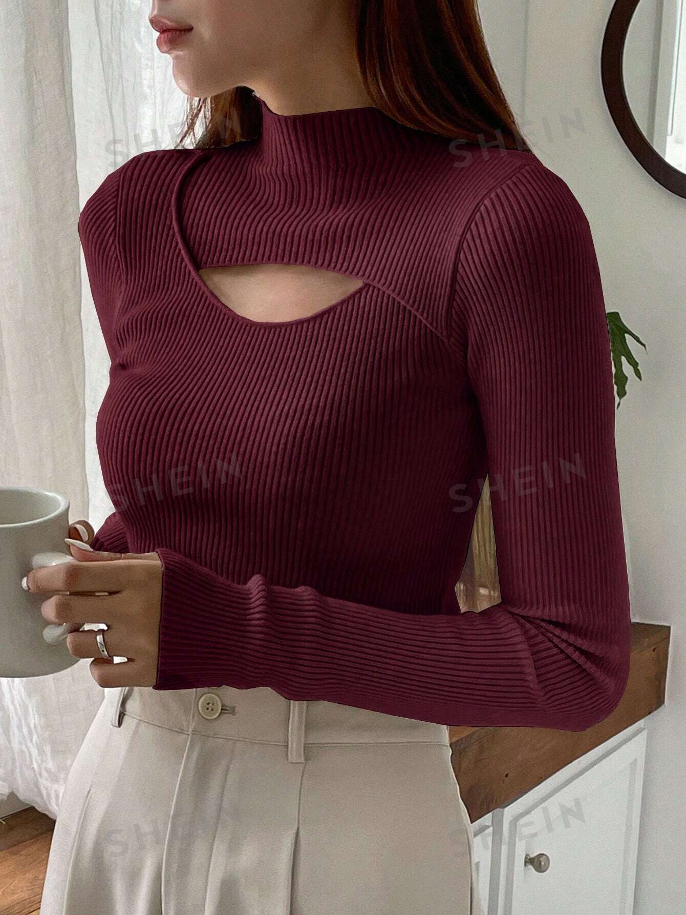 DAZY Solid Color Hollow Out Half Turtle Neck Sweater FD - Image 7