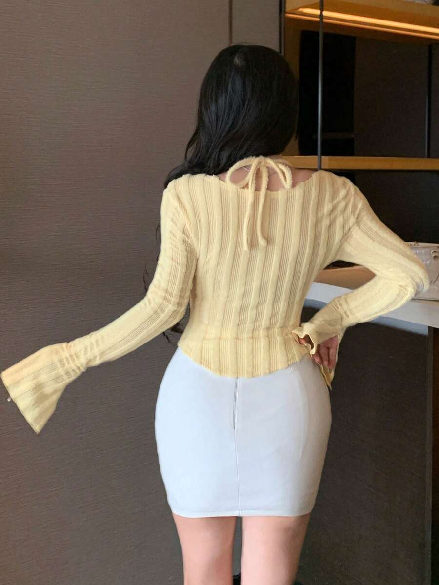 DAZY Women Chic Brown Floral Mesh Long Sleeve Crop Top - Image 100