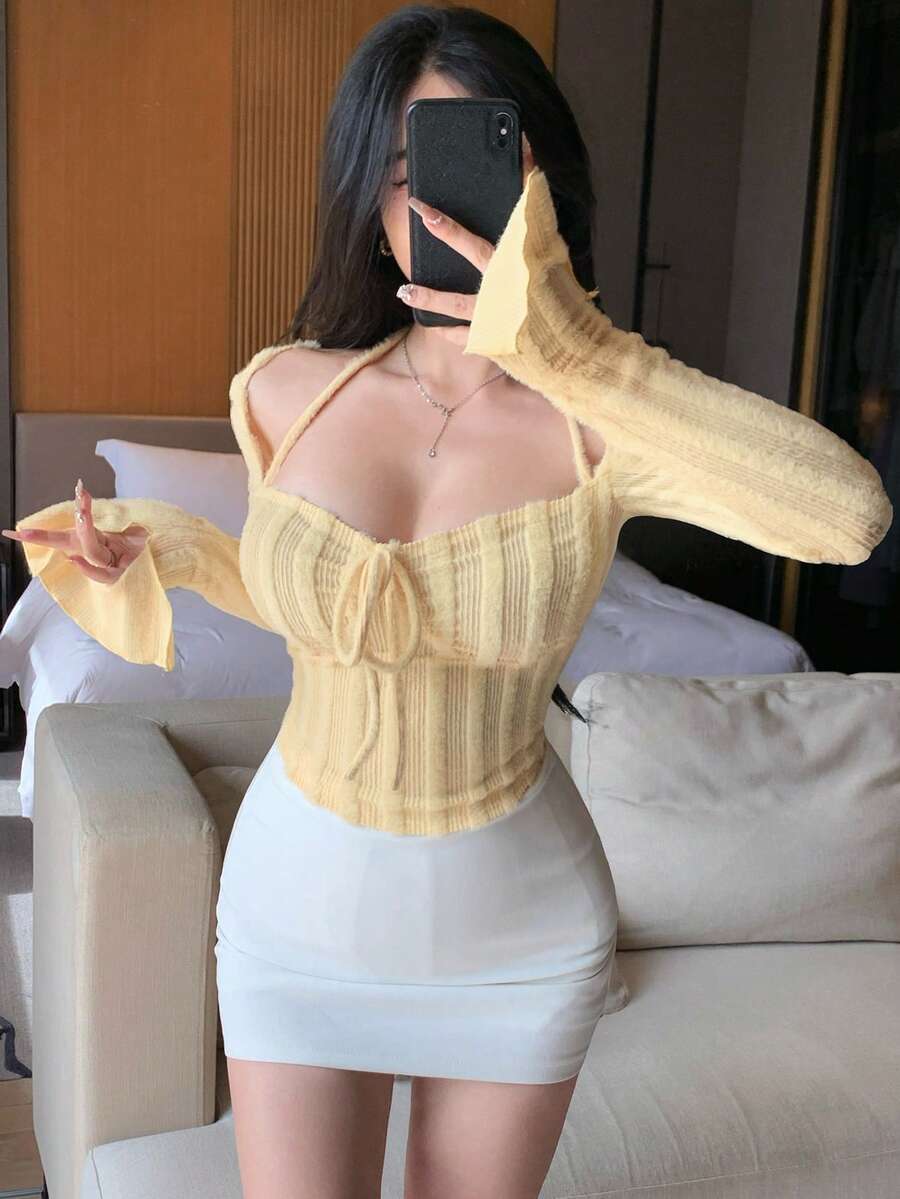 DAZY Women Chic Brown Floral Mesh Long Sleeve Crop Top - Image 105