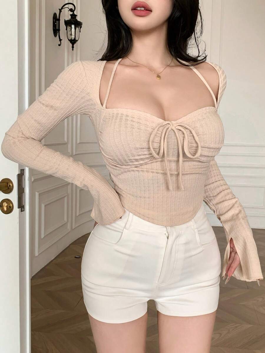 DAZY Women Chic Brown Floral Mesh Long Sleeve Crop Top - Image 115