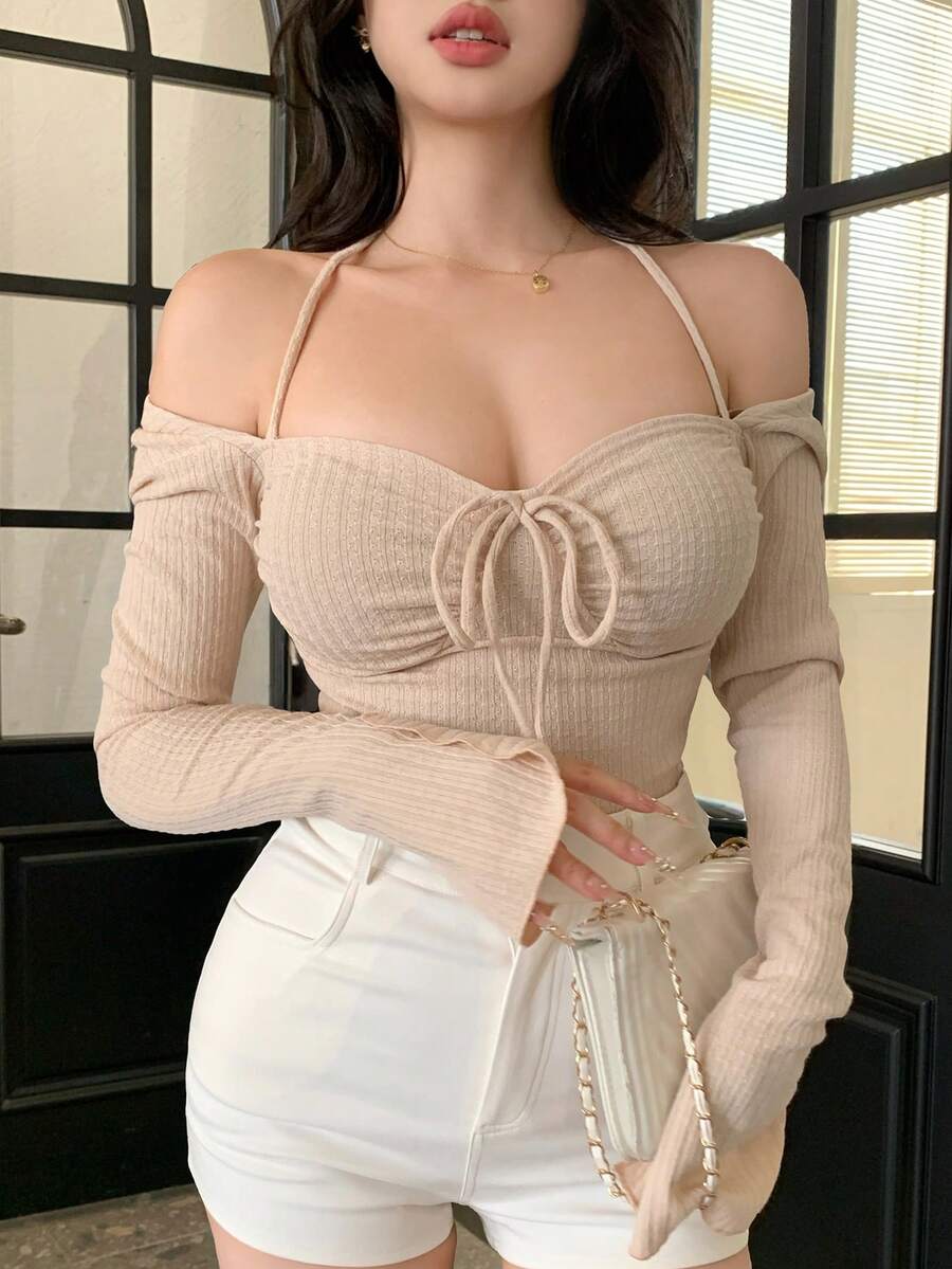 DAZY Women Chic Brown Floral Mesh Long Sleeve Crop Top - Image 116