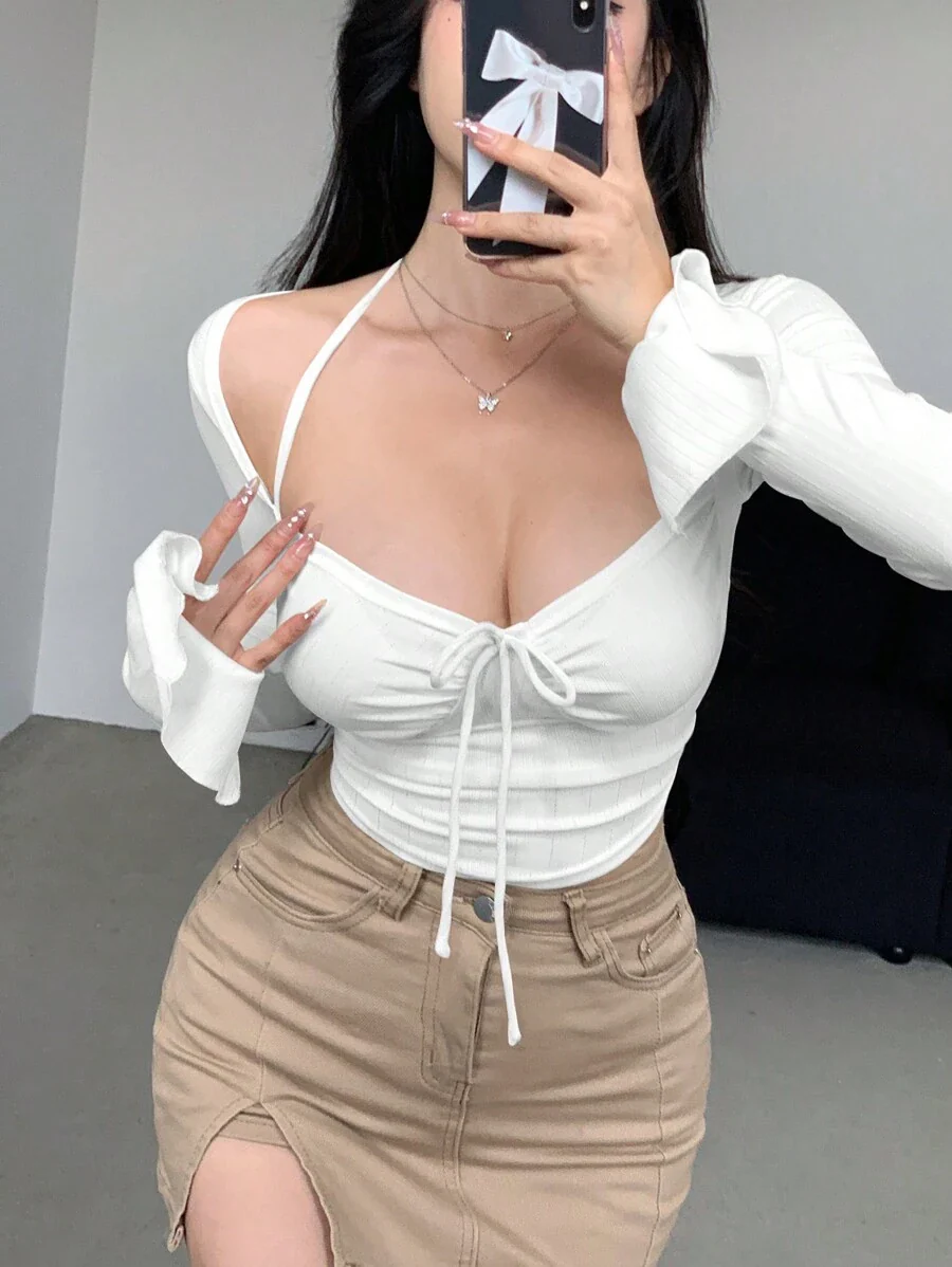DAZY Women Chic Brown Floral Mesh Long Sleeve Crop Top - Image 12