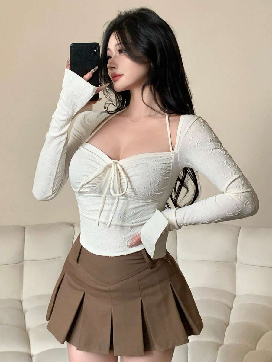 DAZY Women Chic Brown Floral Mesh Long Sleeve Crop Top - Image 124