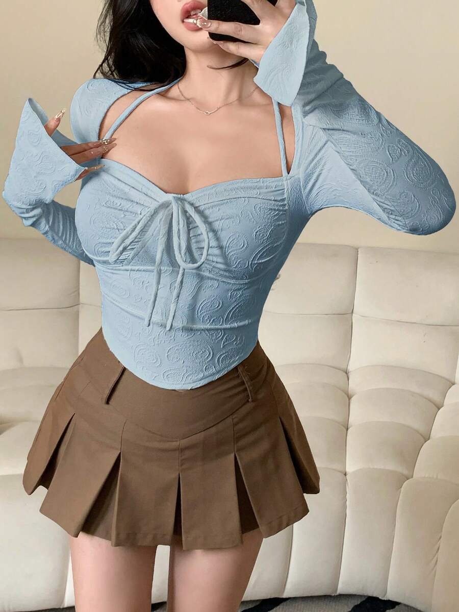 DAZY Women Chic Brown Floral Mesh Long Sleeve Crop Top - Image 129