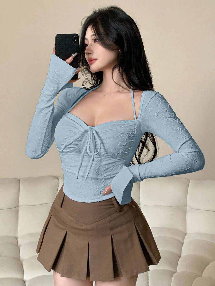 DAZY Women Chic Brown Floral Mesh Long Sleeve Crop Top - Image 133