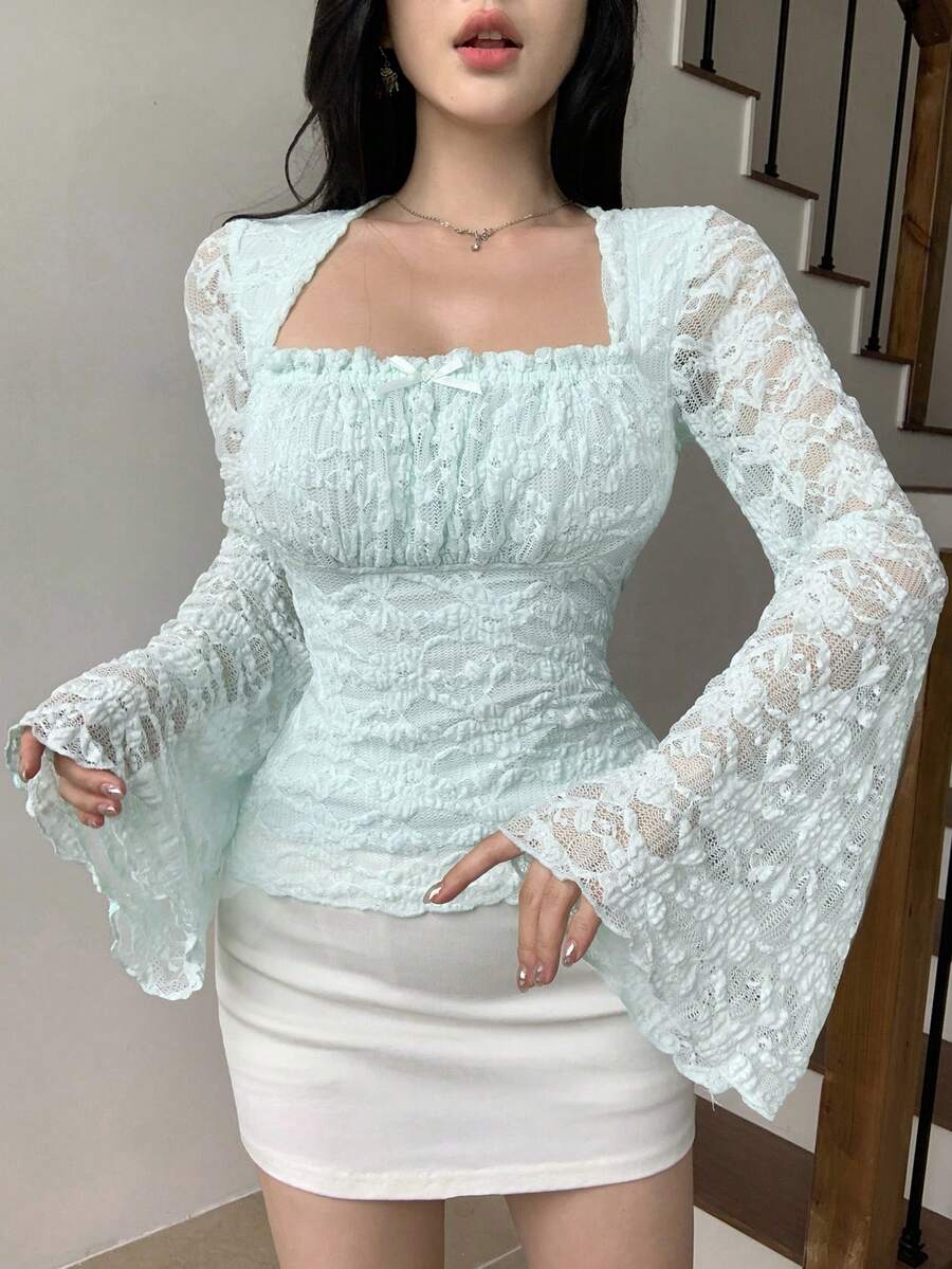 DAZY Women Chic Brown Floral Mesh Long Sleeve Crop Top - Image 144