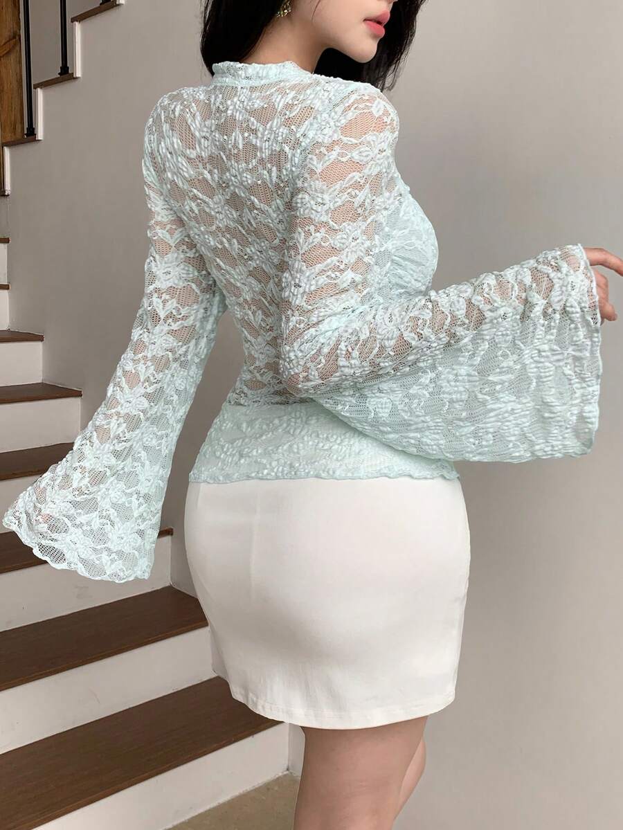 DAZY Women Chic Brown Floral Mesh Long Sleeve Crop Top - Image 146