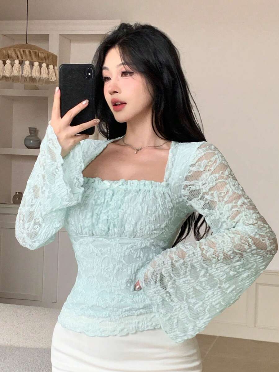 DAZY Women Chic Brown Floral Mesh Long Sleeve Crop Top - Image 147