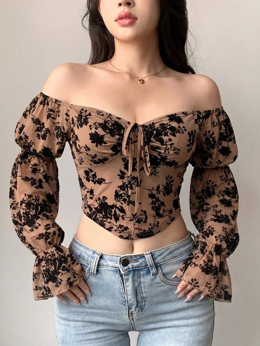 DAZY Women Chic Brown Floral Mesh Long Sleeve Crop Top - Image 171