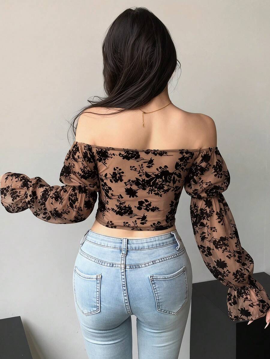 DAZY Women Chic Brown Floral Mesh Long Sleeve Crop Top - Image 175