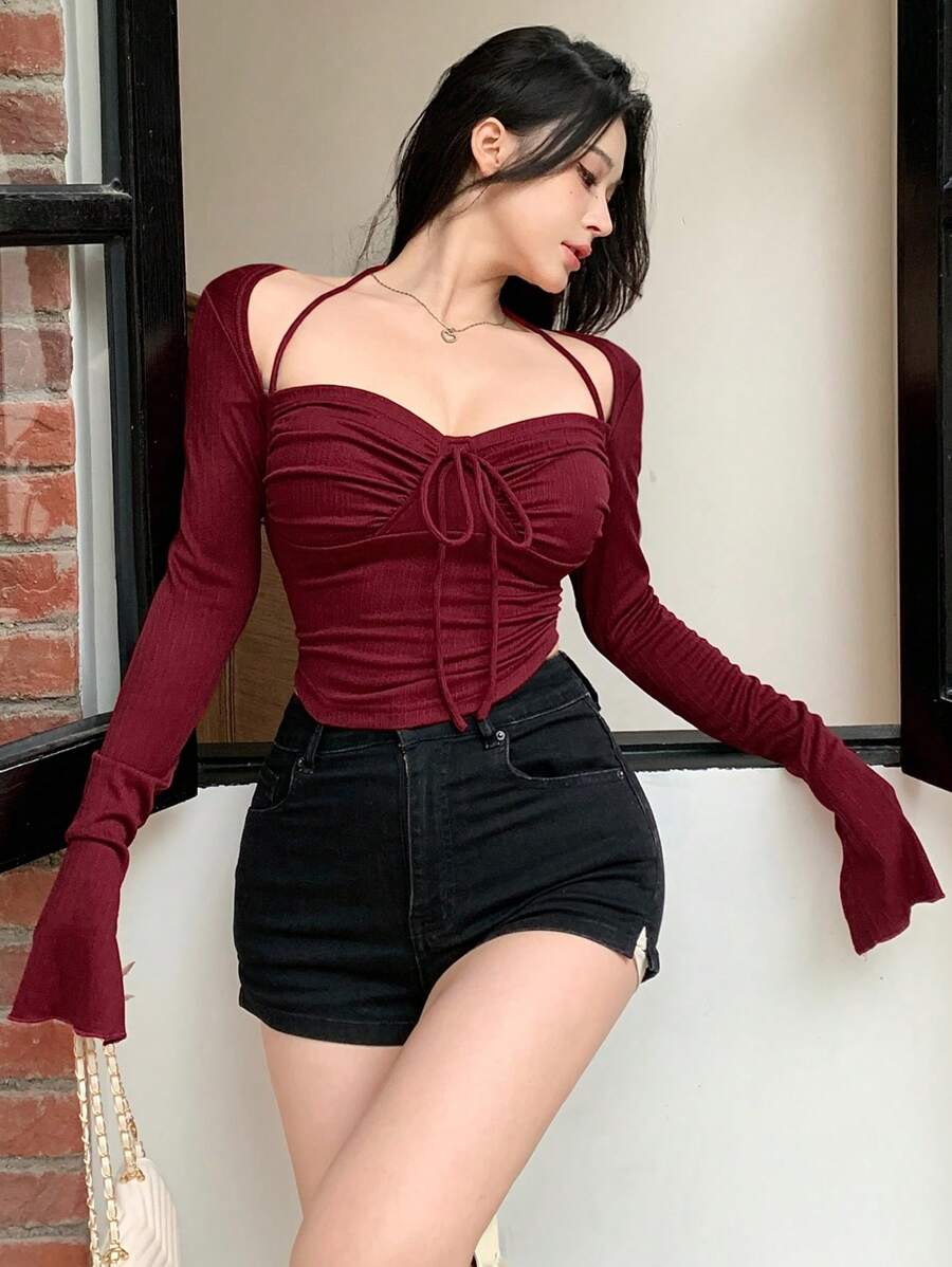 DAZY Women Chic Brown Floral Mesh Long Sleeve Crop Top - Image 40