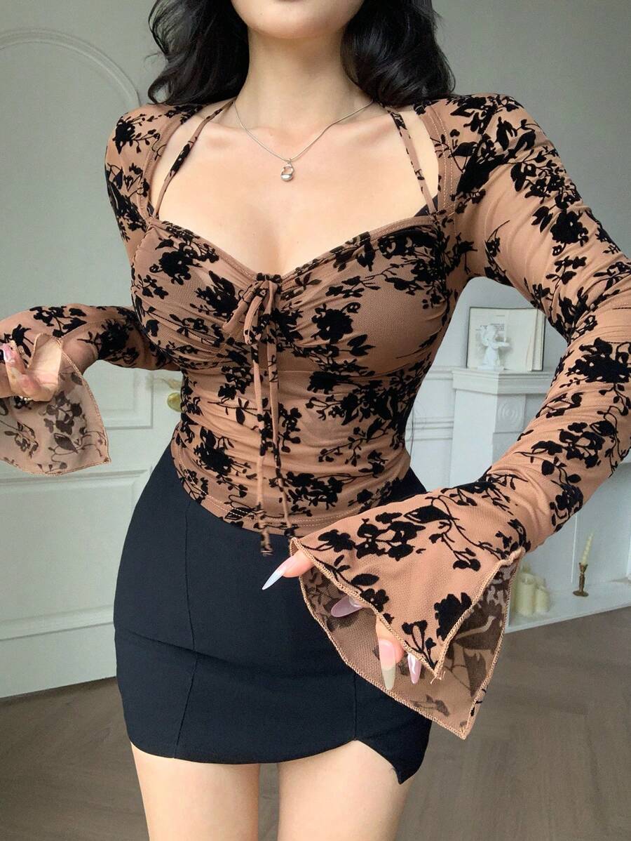 DAZY Women Chic Brown Floral Mesh Long Sleeve Crop Top - Image 54