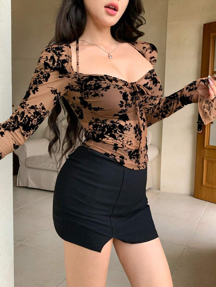 DAZY Women Chic Brown Floral Mesh Long Sleeve Crop Top - Image 62