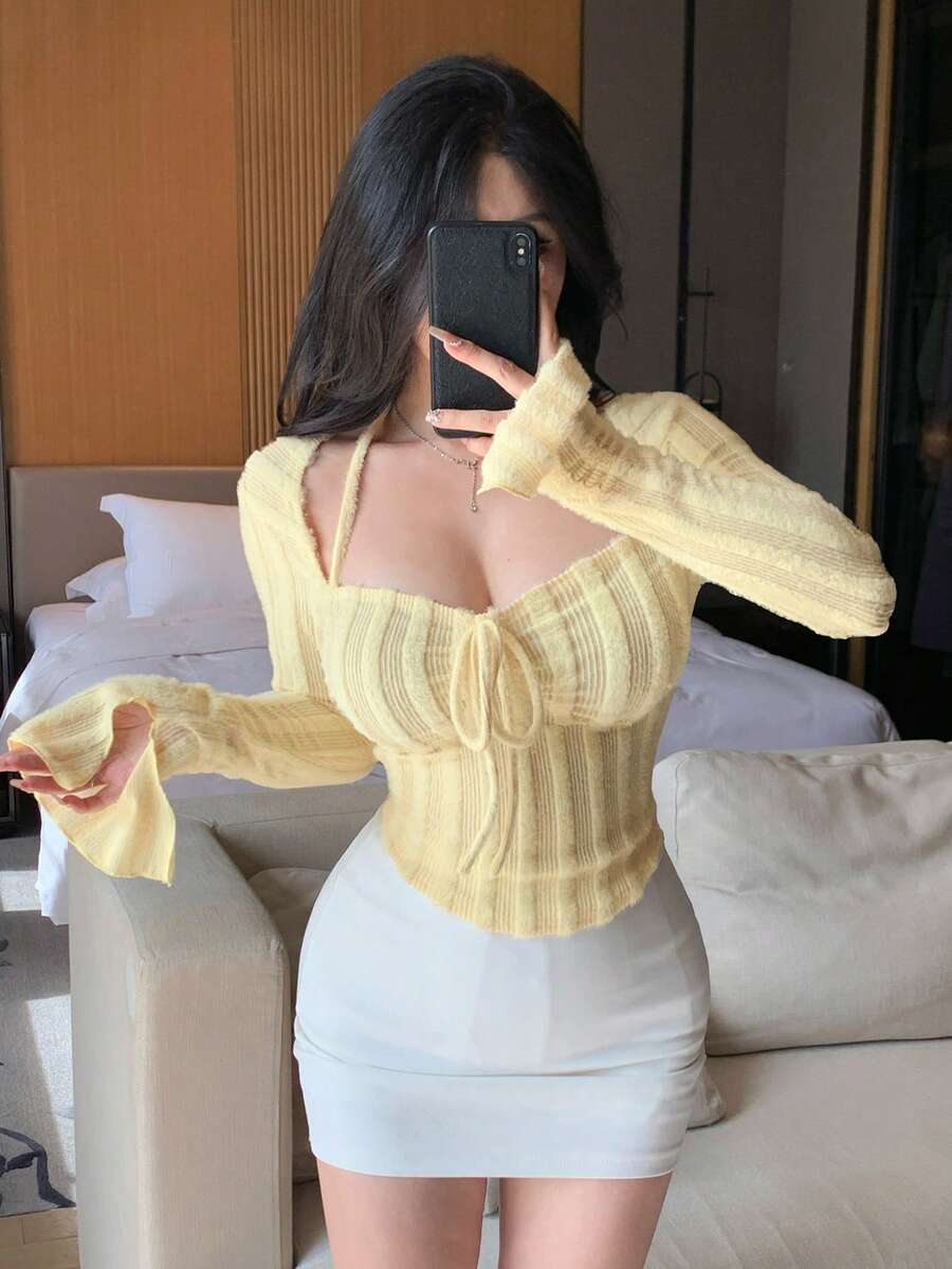 DAZY Women Chic Brown Floral Mesh Long Sleeve Crop Top - Image 97