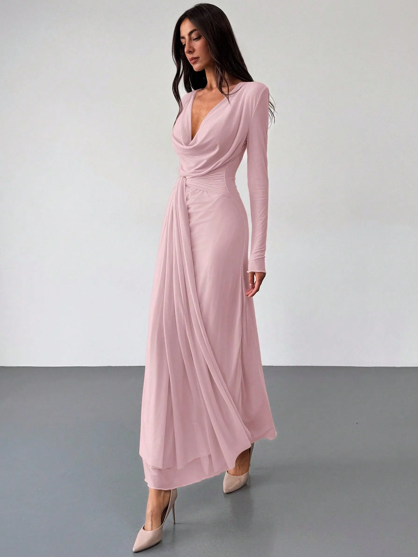 Deep Draped Neck Long Sleeve Tight-Fitting Mesh Lace Dress, Apricot, Romantic For Date & Outing