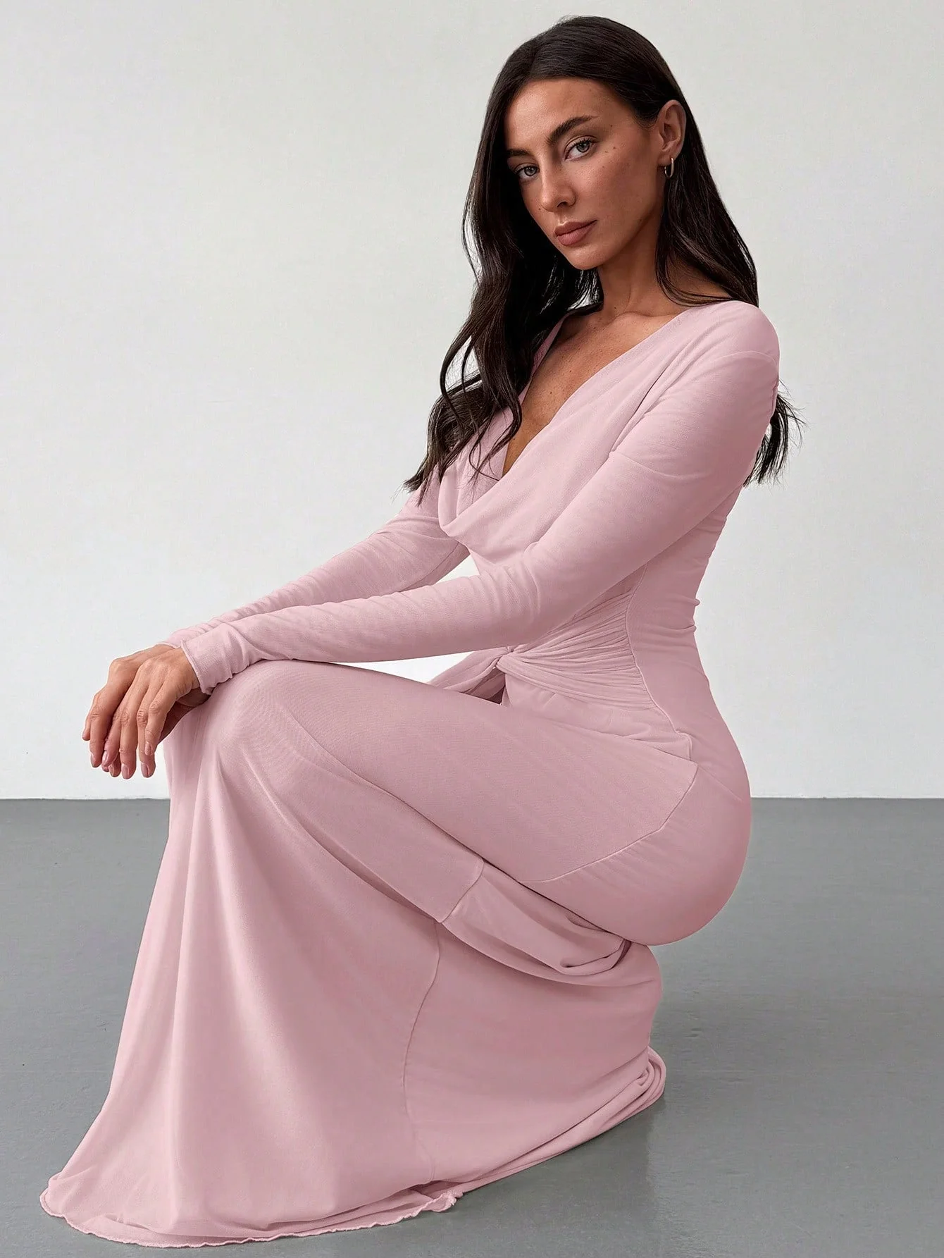 Deep Draped Neck Long Sleeve Tight-Fitting Mesh Lace Dress, Apricot, Romantic For Date & Outing - Image 3