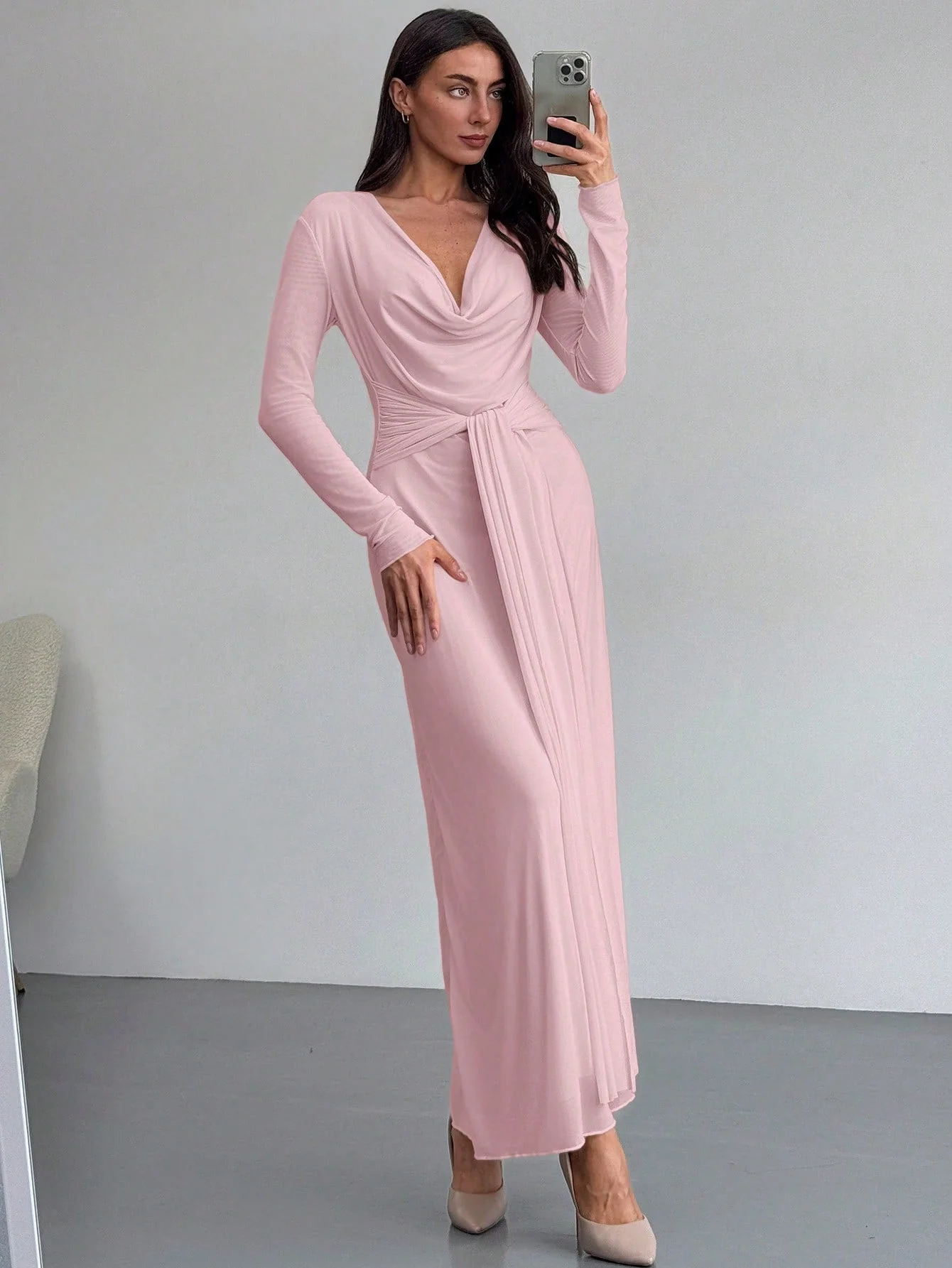 Deep Draped Neck Long Sleeve Tight-Fitting Mesh Lace Dress, Apricot, Romantic For Date & Outing - Image 7