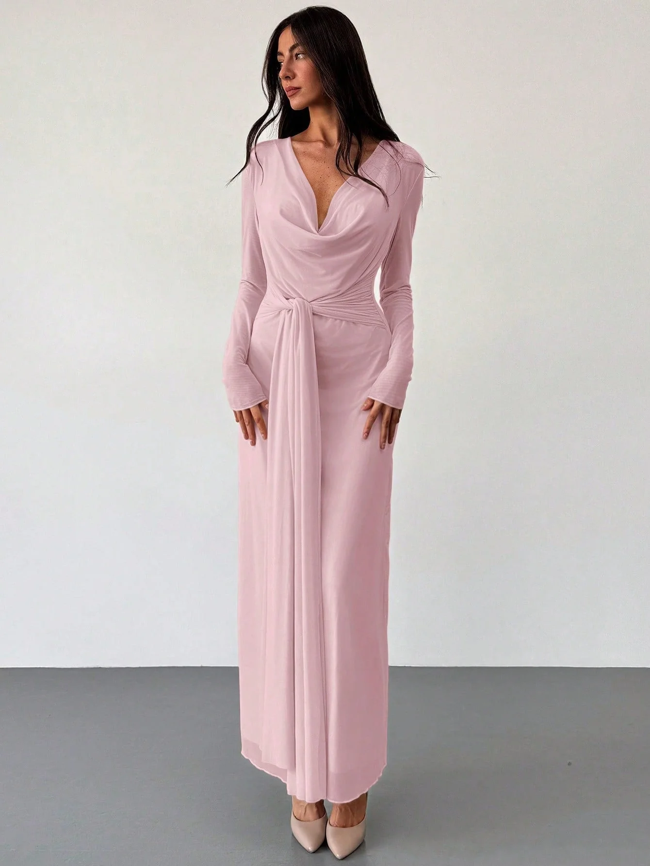 Deep Draped Neck Long Sleeve Tight-Fitting Mesh Lace Dress, Apricot, Romantic For Date & Outing - Image 8
