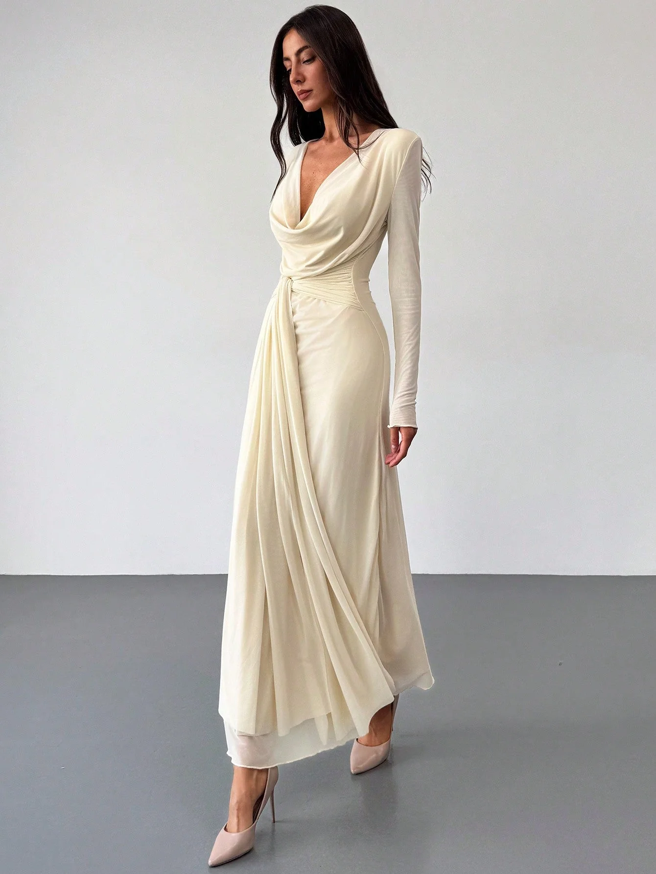 Deep Draped Neck Long Sleeve Tight-Fitting Mesh Lace Dress, Apricot, Romantic For Date & Outing FD - Image 11