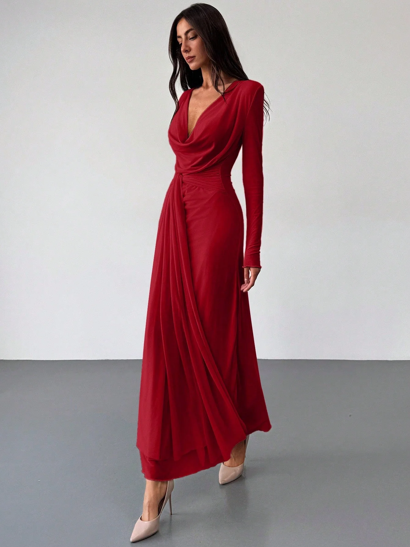 Deep Draped Neck Long Sleeve Tight-Fitting Mesh Lace Dress, Apricot, Romantic For Date & Outing FD - Image 12