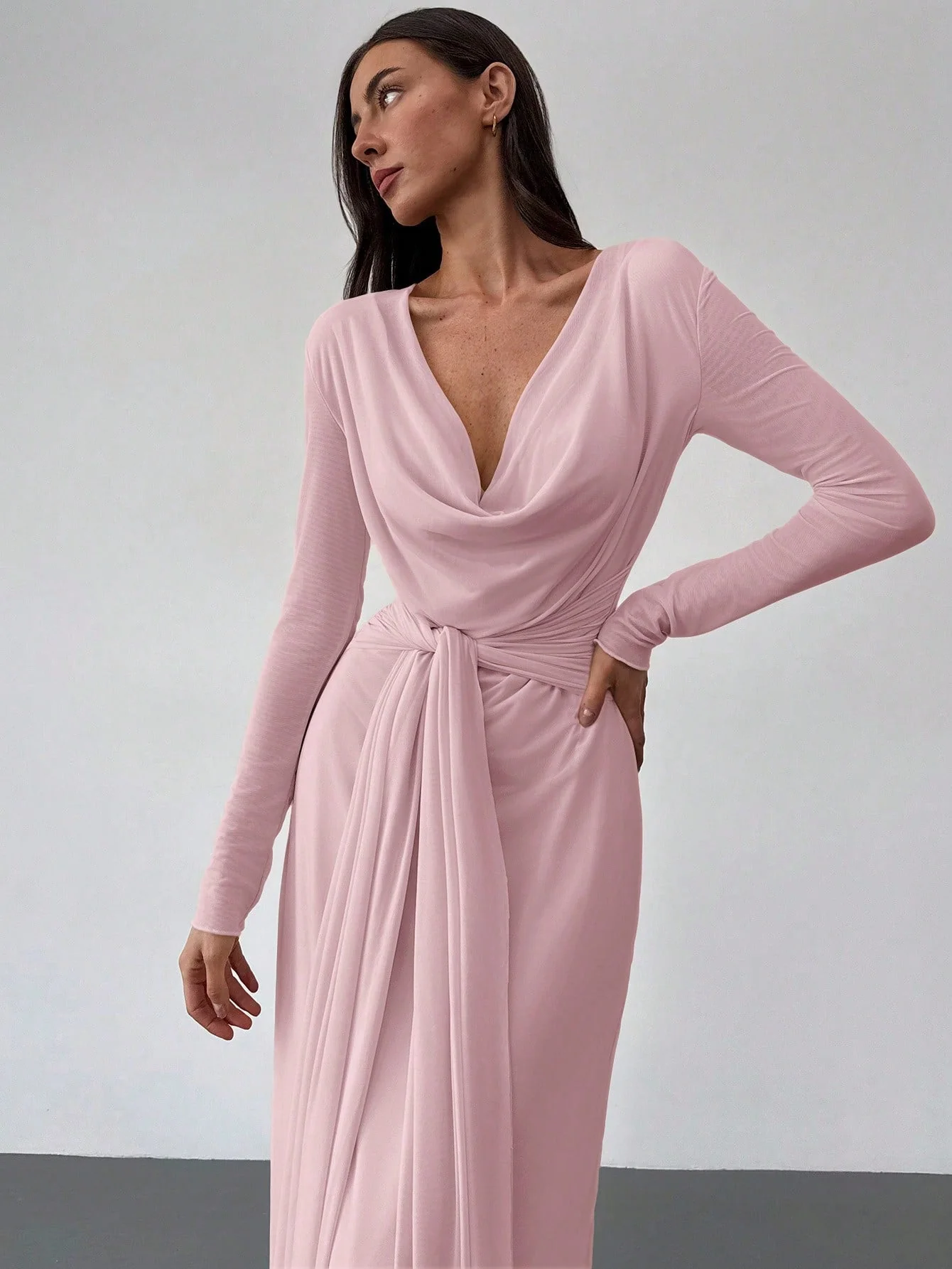 Deep Draped Neck Long Sleeve Tight-Fitting Mesh Lace Dress, Apricot, Romantic For Date & Outing FD - Image 6