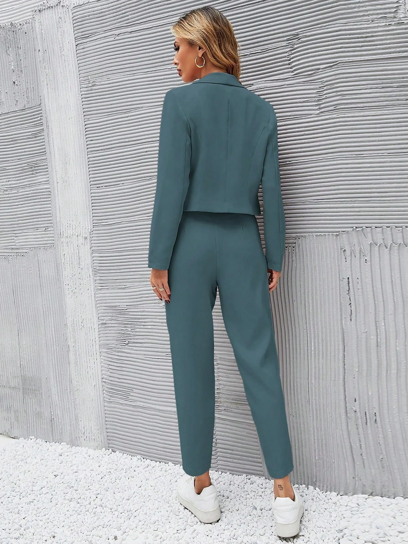Deep Green Elegance | Short Blazer + Pleated Pocket Pants Suit Set - Image 9