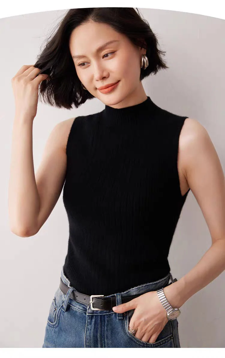 Design sense semi-turtleneck knitted vest women's suit with bottoming shirt temperament medium collar sleeveless vest spring and summer new - Image 6