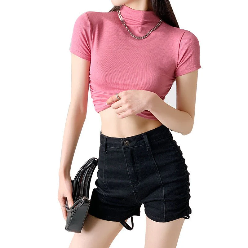 Dopamine wear bottoming shirt women's half-high collar spring and summer navel-baring short-sleeved T-shirt sexy hot girl slim short top - Image 2