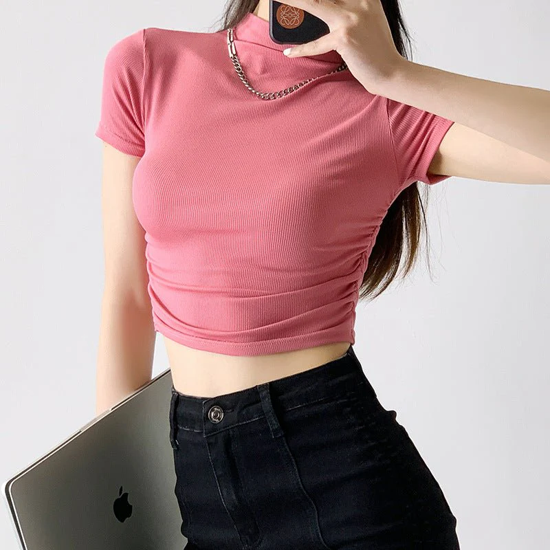 Dopamine wear bottoming shirt women's half-high collar spring and summer navel-baring short-sleeved T-shirt sexy hot girl slim short top - Image 4