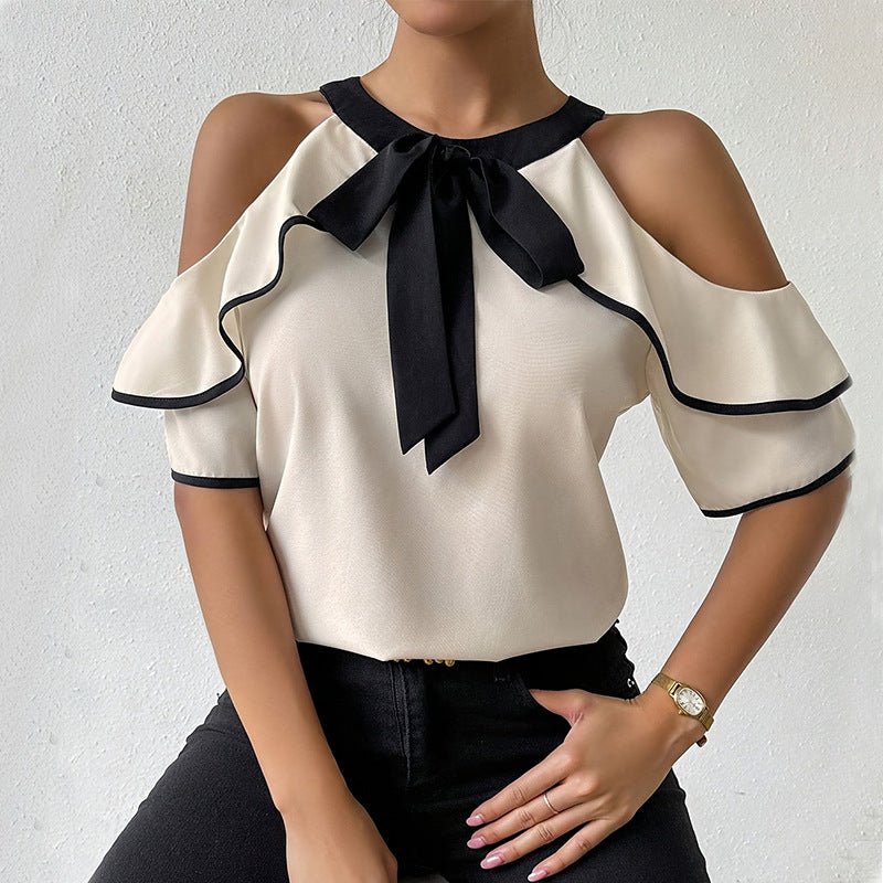 Double-layer short-sleeved shirt bow neckline shirt pullover