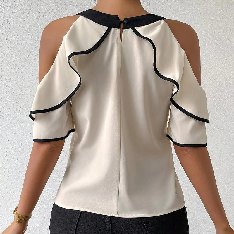 Double-layer short-sleeved shirt bow neckline shirt pullover - Image 2