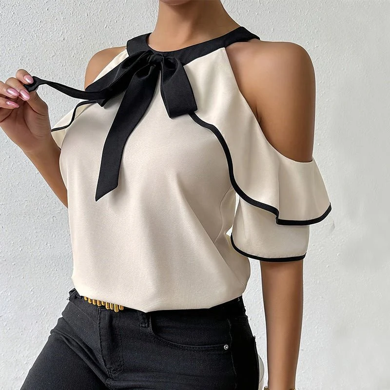 Double-layer short-sleeved shirt bow neckline shirt pullover - Image 3