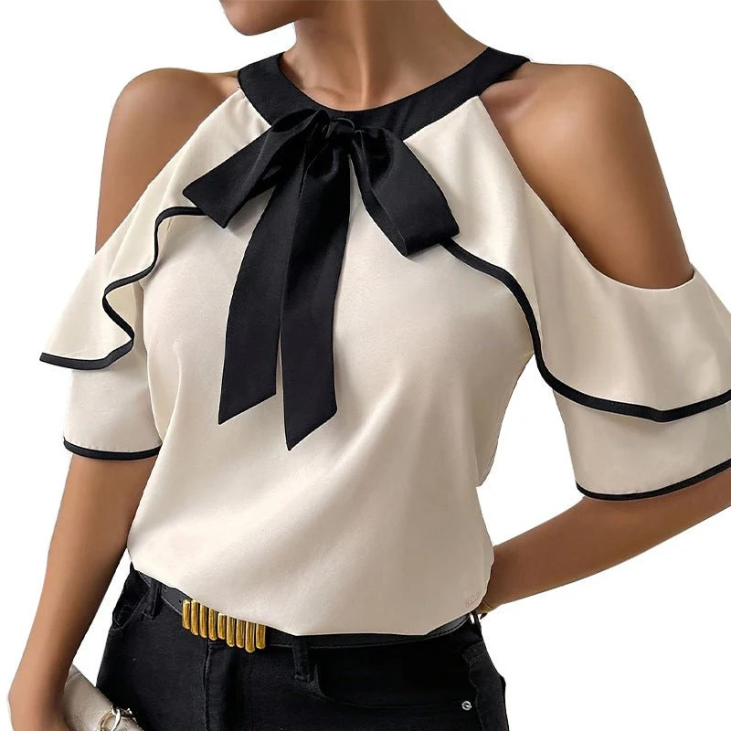 Double-layer short-sleeved shirt bow neckline shirt pullover - Image 5