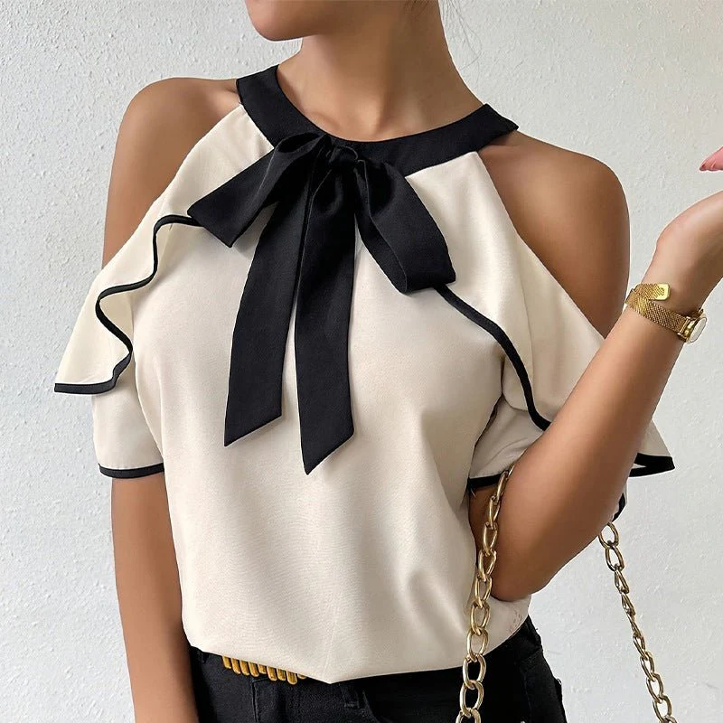 Double-layer short-sleeved shirt bow neckline shirt pullover - Image 6