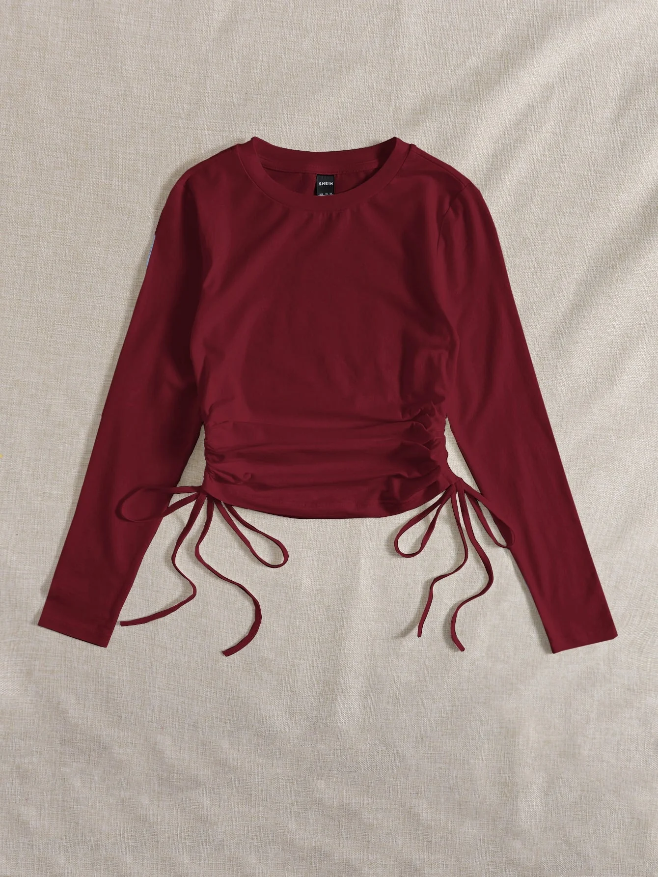 Drawstring Ruched Solid Round Neck Crop Tee - Image 14