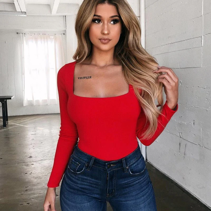 Elastic slim sxy long sleeve square collar fashion casual women's T-shirt tops - Image 3