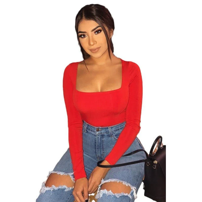 Elastic slim sxy long sleeve square collar fashion casual women's T-shirt tops - Image 9