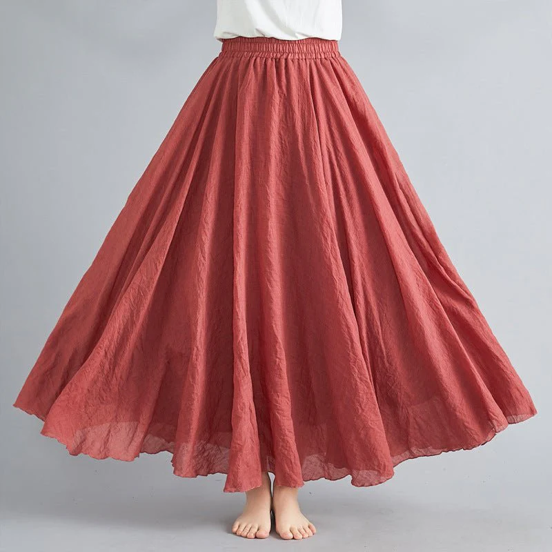 Elastic waist linen A-shaped skirt, long solid color skirt FD