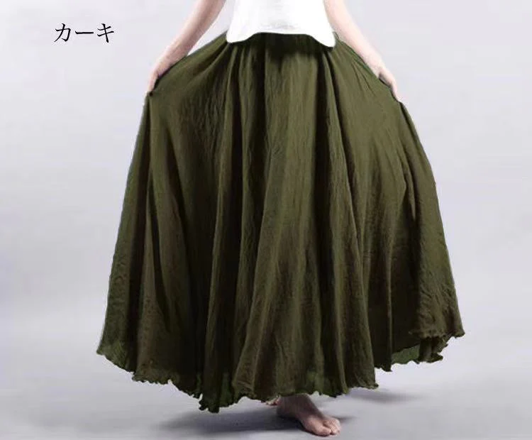 Elastic waist linen A-shaped skirt, long solid color skirt FD - Image 26