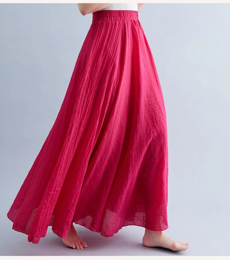 Elastic waist linen A-shaped skirt, long solid color skirt FD - Image 28