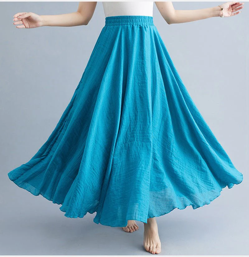 Elastic waist linen A-shaped skirt, long solid color skirt FD - Image 34