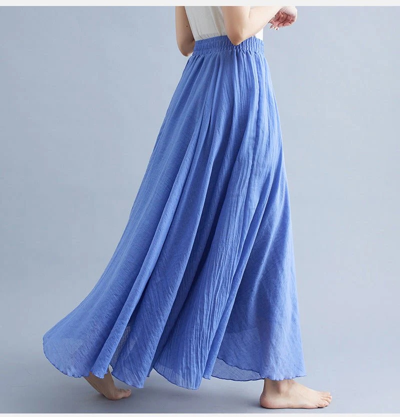 Elastic waist linen A-shaped skirt, long solid color skirt FD - Image 35