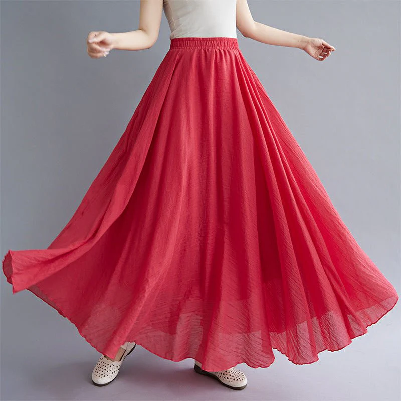 Elastic waist linen A-shaped skirt, long solid color skirt FD - Image 45